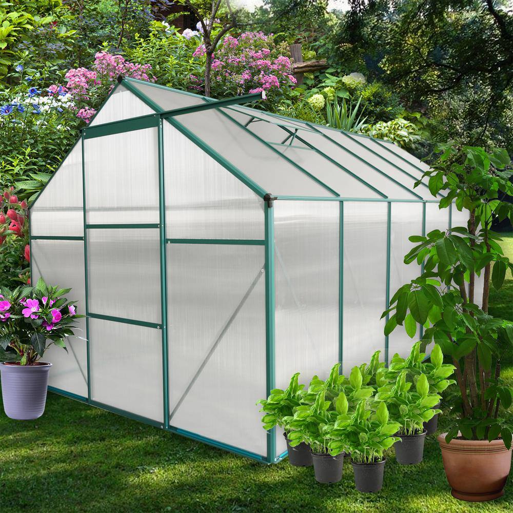 6x12ft Green Polycarbonate Greenhouse with Aluminum Frame and Sliding Door