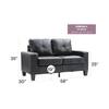 Dimension diagram of the black faux leather sofa.