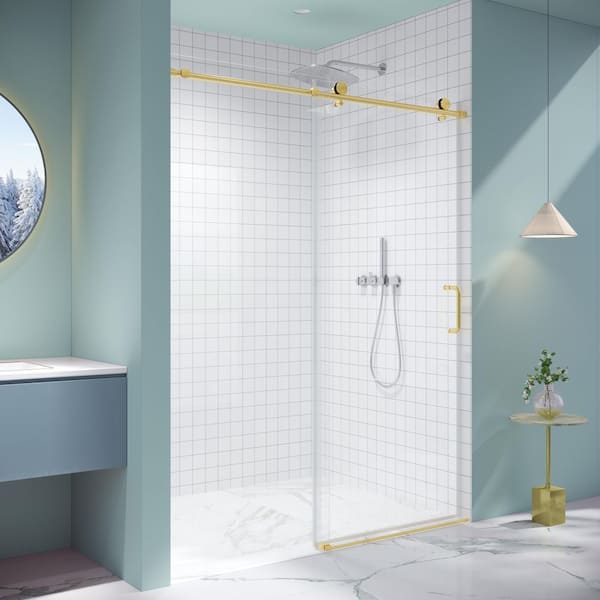 60 in. W x 76 in. H Single Sliding frameless Bypass Bathroom Shower Door with 1/4 in. Tempered Glass in Brushed Gold