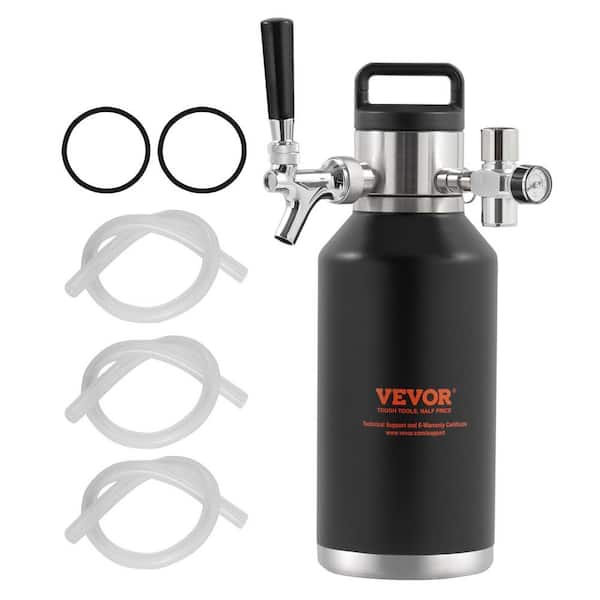 VEVOR Beer Growler Tap System 64 oz. 1.89 l Mini Keg 304-Stainless Steel Pressurized Beer Growler with Pressure Display, Black