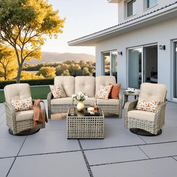 Vinceny Gray 5-Piece Wicker Patio Conversation Set with Beige Cushions and Swivel Chairs
