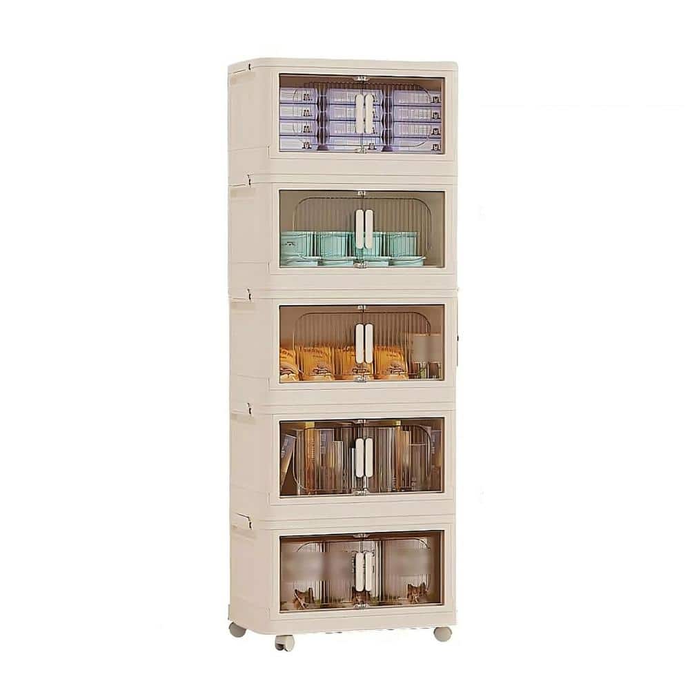 50 in. H Cream White Plastic Folding Storage Cabinet with Wheels 5-tier Col