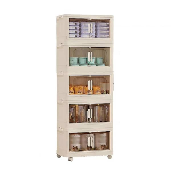CSC DECOR INC 50 in. H Cream White Plastic Folding Storage Cabinet with Wheels 5-tier Collapsible Storage Bins with Magnetic Door