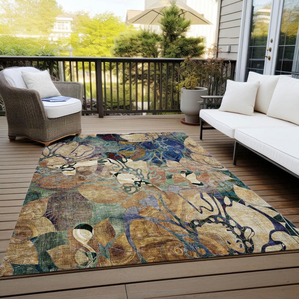 Beige and Multicolor Floral Synthetic 5' x 7' Area Rug
