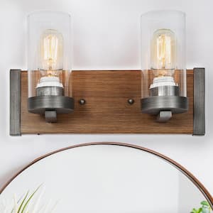14 in. 2-Light Bronze Rustic Farmhouse Vanity Light with Clear Glass Shades and Faux Wood Accent