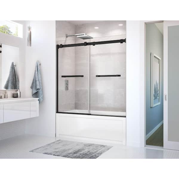 Duel 56-59 x 55 ½-59 in. 8 mm Bypass Tub Door for Alcove Installation with Clear glass in Matte Black