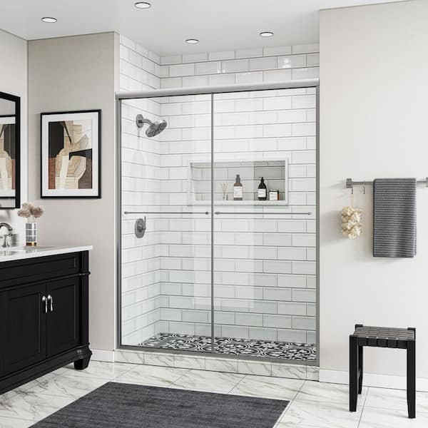 56 in. - 60 in. W x 76 in. H Double Sliding Semi-Frameless Shower Door in Brushed Nickel with 5/16 in.(8 mm) Clear Glass
