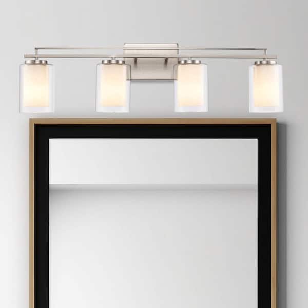 Bel Air Lighting Lisbon 32 in. 4-Light Brushed Nickel Bathroom Vanity Light Fixture with Clear Glass Outer and Opal Glass Inner Shades