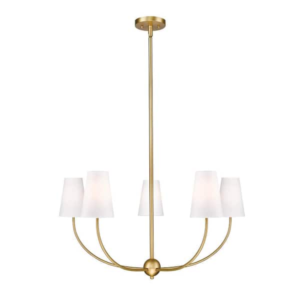 Shannon 32 in. 5-Light Rubbed Brass Shaded Chandelier Light with White Glass Shade with No Bulbs Included