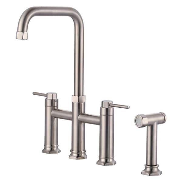 Double Handle Brass Bridge Kitchen Faucet with Side Sprayer in Brushed Nickel