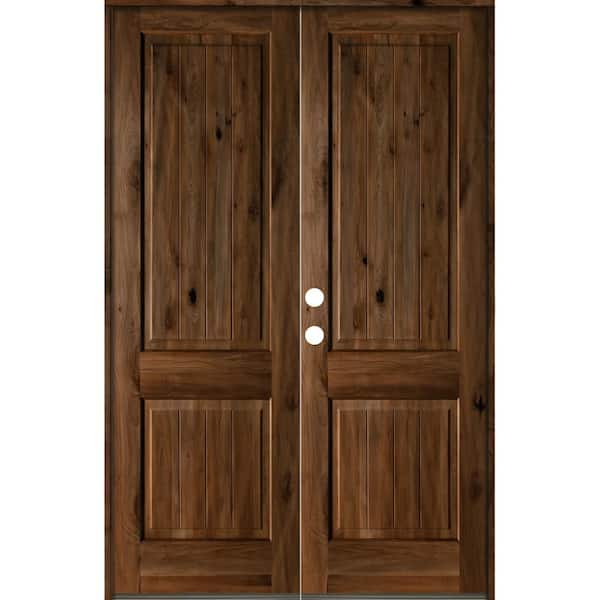 Krosswood Doors 64 in. x 96 in. Rustic Knotty Alder Square Top Provincial Stain/V-Groove Right-Hand Wood Double Prehung Front Door