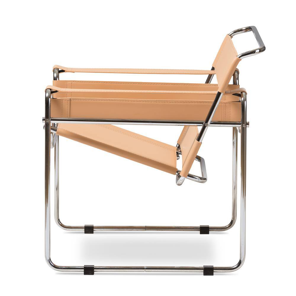 Mid-Century Tan Leather and Chrome Metal Accent Chair