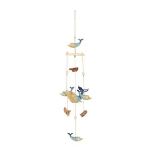 39 in. Blue Ceramic Whale Ombre Windchime with Driftwood and Bead Accents