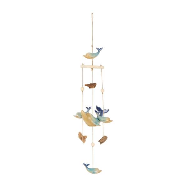 39 in. Blue Ceramic Whale Ombre Windchime with Driftwood and Bead Accents