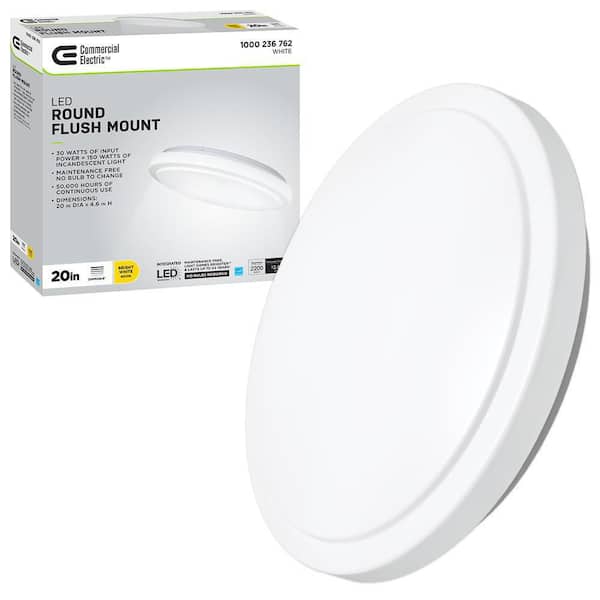Commercial Electric 20 in. White Round LED Flush Mount Ceiling Light 2200 Lumens 4000K Bright White Dimmable Bedroom Basement Garage