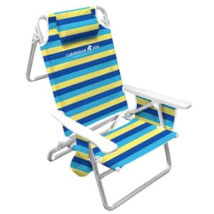 Blue Yellow Stripe, 5 Position Pillow Shoulder Strap, Cup Holder, Aluminum Frame 225 lbs. Capacity Reclining Beach Chair