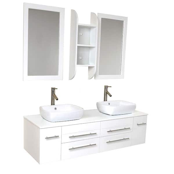 Fresca Bellezza 59 in. Double Vanity in White with Marble Vanity Top in White with White Basins and Mirror