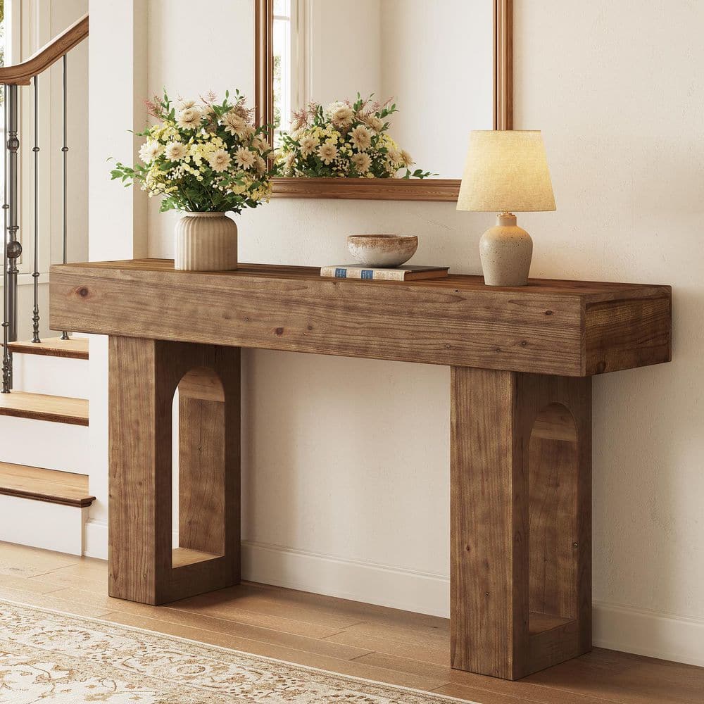 Benjamin 63 in. Brown Rectangle Solid Wood Console Table, Farmhouse Entryway Table Sofa Console Behind Couch