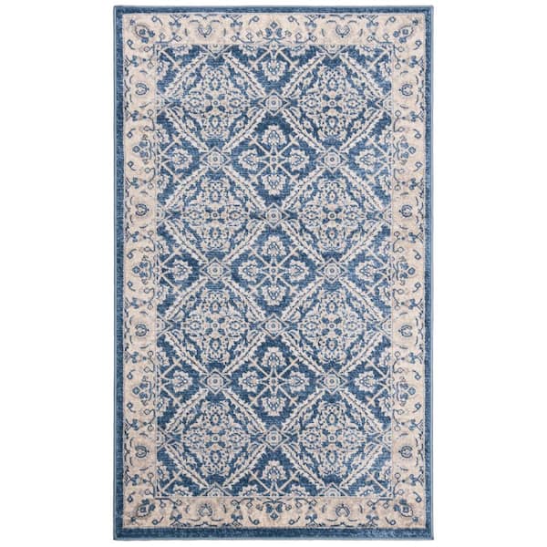 SAFAVIEH Brentwood Navy/Cream Doormat 3 ft. x 5 ft. Antique Floral Border Area Rug