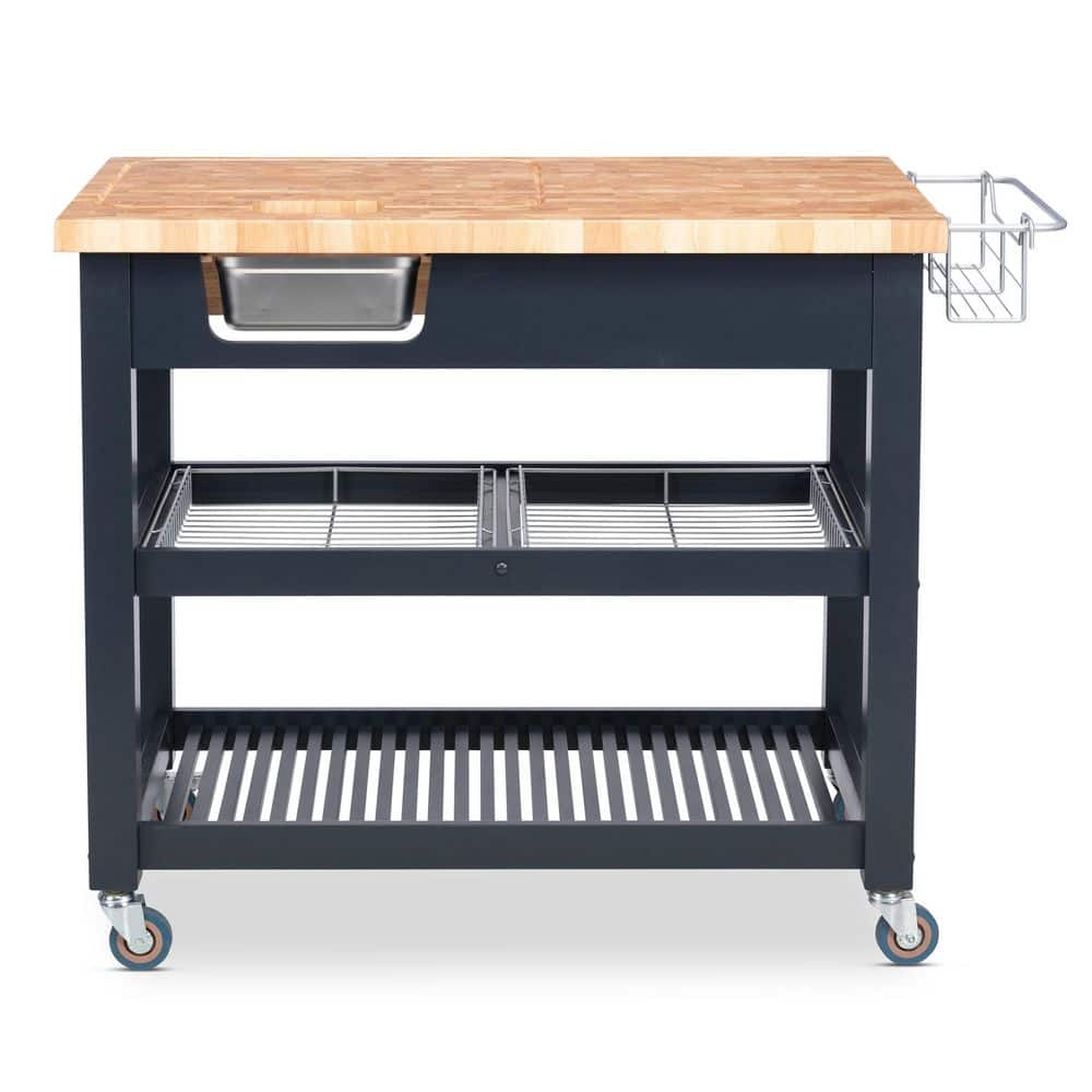 Midnight Navy Rubberwood Kitchen Cart with Butcher Block Top