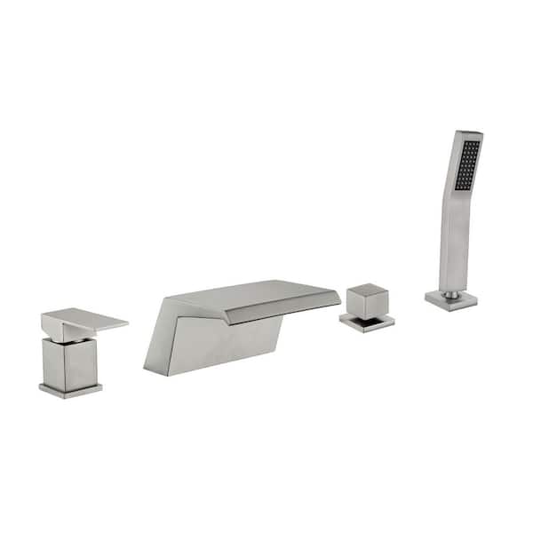 Single-Handle Waterfall Deck-Mount Roman Tub Faucet with Hand Shower 4 Hole Brass Bathtub Faucets in. Brushed Nickel