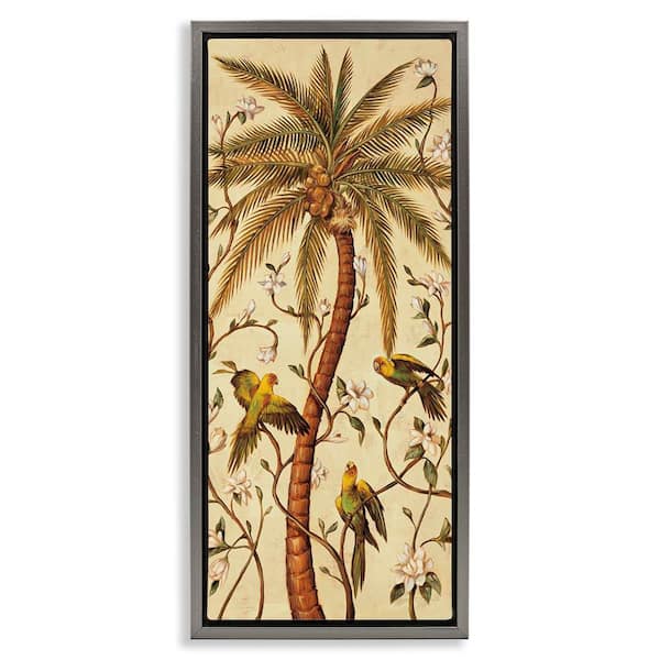 Stupell Industries Parrots and Curvy Palm Tree by Rodolfo Jimenez Gray Floater Frame Nature Graphic Art Print 31 in. x 15 in.