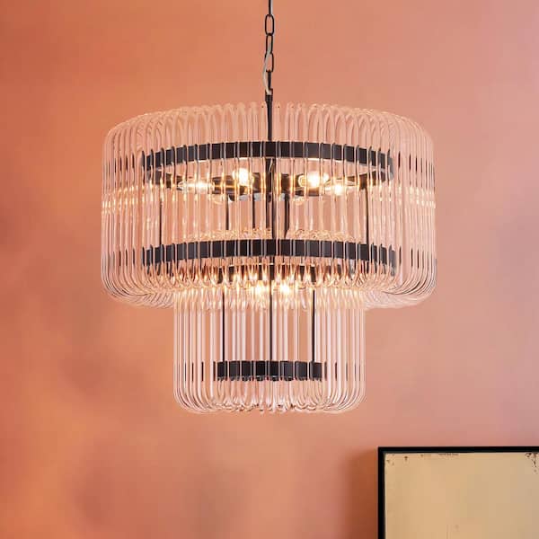 Gwern 9-Light 2-Tier Modern Glam Black Round Drum Crystal Chandelier for Dining Room/Living Room