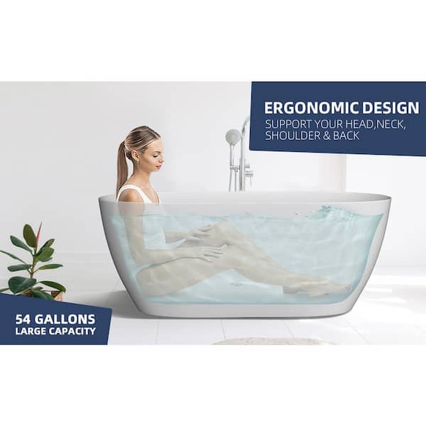 55 in. x 29.5 in. Acrylic Freestanding Soaking Bathtub Oval Flatbottom Tub with Center Drain Free Standing Tub in White
