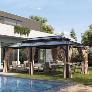 20 ft. x 12 ft. Outdoor Brown Polycarbonate Double Roof Gazebo with Curtains and Netting for Garden, Lawns, Patio