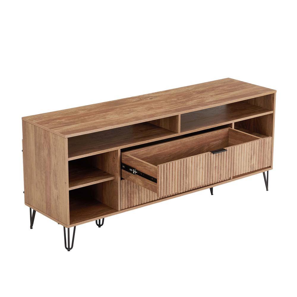 Golden Brown Mid-Century Modern TV Stand with Cabinet and Shelves
