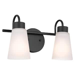 Erma 13.5 in. 2-Light Black Traditional Bathroom Vanity Light with Satin Etched Glass Shades