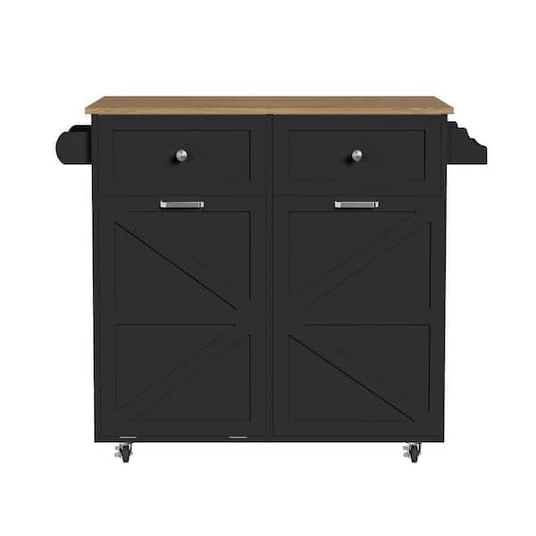 Puluomis Black/Natural Wood 35.4 in. W Kitchen Island Dining Table with Adjustable Shelves and Drawer and Spice and Tower Racks