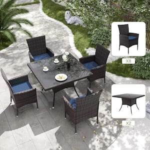 5-Piece Wicker Square Outdoor Dining Set with Glass Tabletop, 1.5 in. Umbrella Hole and Cushion Navy Blue