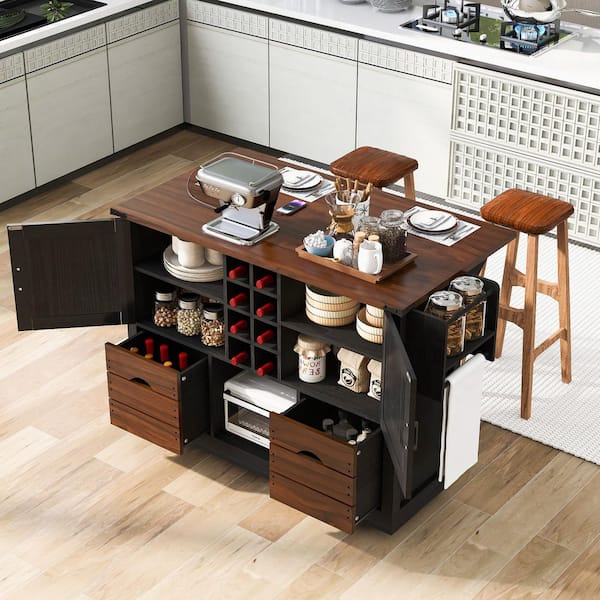 Black Wood Kitchen Cart with Drop Leaf, Power Outlet, Removable Hollow Wine Racks, 2 Drawers