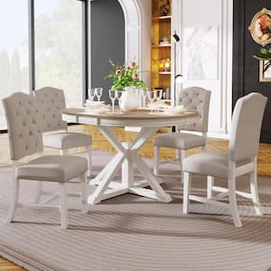 Retro Style 5-piece Natural and Off White Wooden Dining Table Set with Extendable Table and 4 Upholstered Chairs