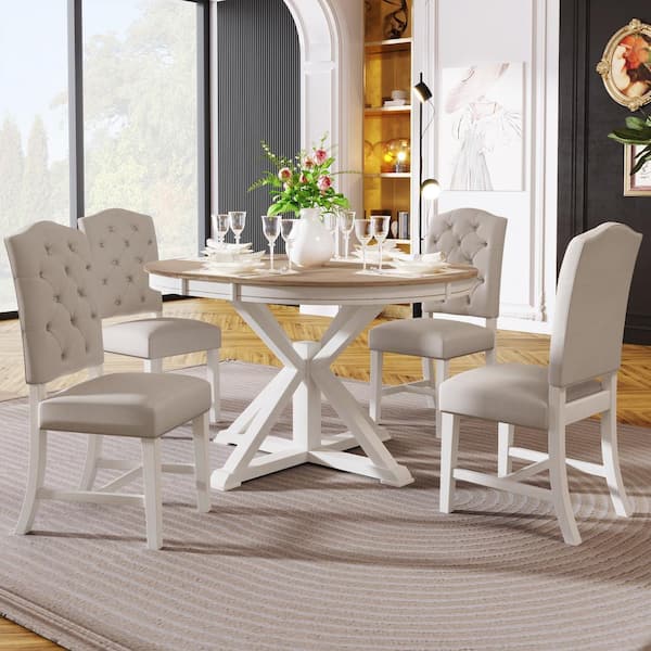 Harper & Bright Designs Retro Style 5-piece Natural and Off White Wooden Dining Table Set with Extendable Table and 4 Upholstered Chairs