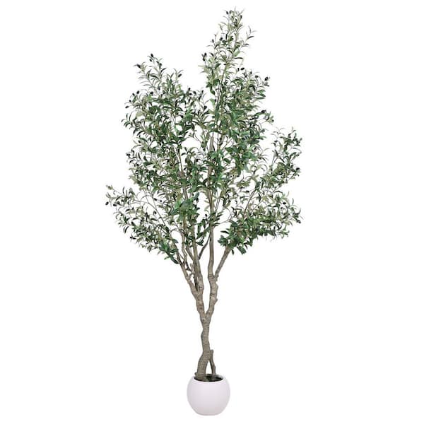 8 ft. Artificial Olive Tree with Realistic Trunk, Faux Leaves and Fruits, White Planter for Indoor Decor
