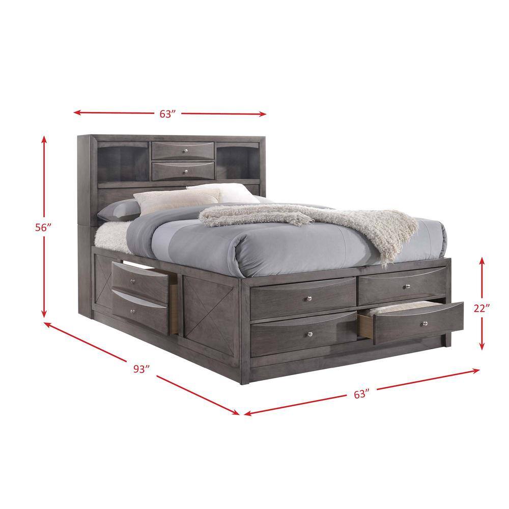 Gray Transitional Queen Bookcase Bed with Ample Storage