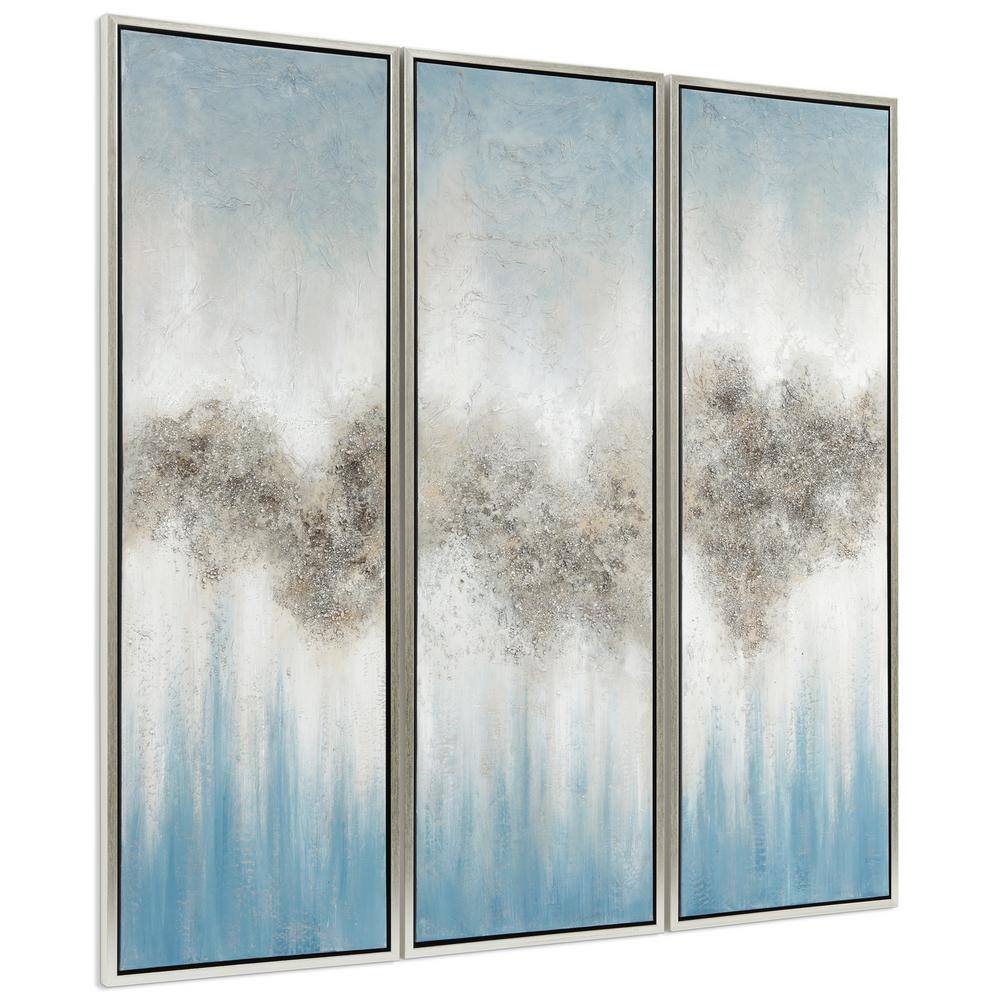 Sequence Blue and Silver Abstract Triptych Canvas Painting