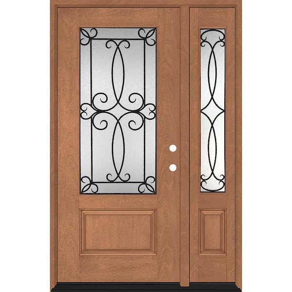 Regency 51 in. x 80 in. 3/4-Lite Georgian Decorative Glass LHIS Autumn Mahogany Fiberglass Prehung Front Door 12 in. SL