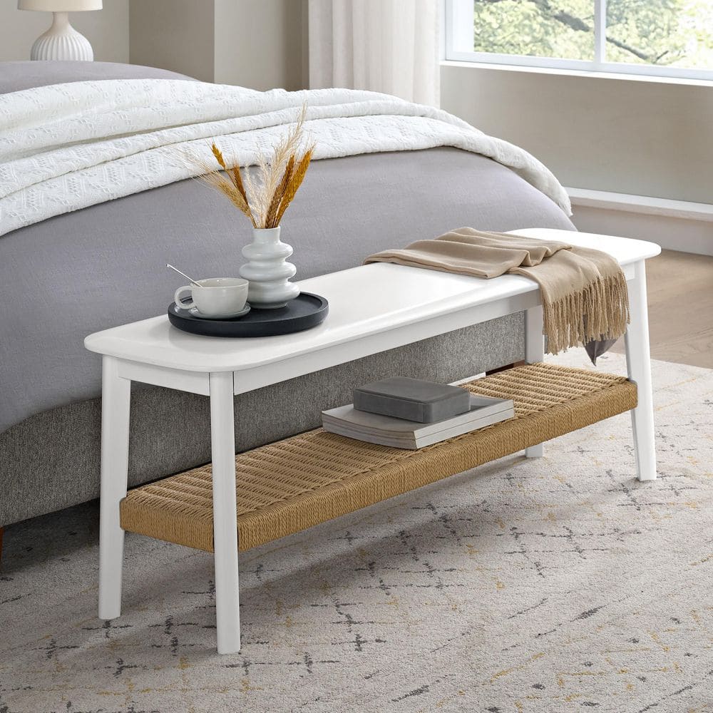 14 in. W Calais White Storage Bench, 2-Tier Entryway Bench with Woven Storage Shelf price history on PriceWatchPro
