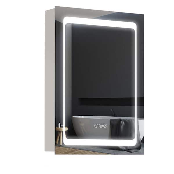 Unbranded 20 in. W x 28 in. H Rectangular Frameless Wall Bathroom Vanity Mirror in Silver, LED Lights Storage Cabinet with Mirror