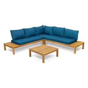 Arlington Teak Brown 4-Piece Wood Patio Conversation Sectional Seating Set with Dark Teal Cushions
