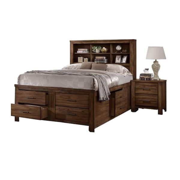 Tiva Oak Brown Wood Frame Queen Size Platform Bed with 6-Drawers