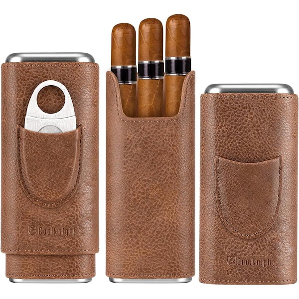 Afoxsos Travel Leather Cigar Case with Stainless Steel Cigar Cutter in Brown