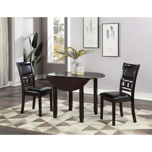 New Classic Furniture Gia 3-piece Wood Top Round Dining Set with Drop Leaf Table, Ebony