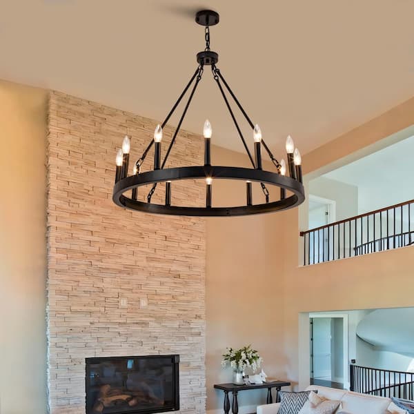 31.5 in. 12-Light Black Round Rustic Wagon Wheel Chandelier Vintage Ceiling Hanging Pendant Light Fixture