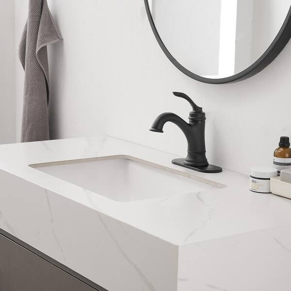 Single Handle Farmhouse Bathroom Faucet in Matte Black with Deck Plate and Drain