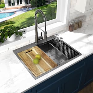 27 in Drop-In Single Bowl 18 Gauge Gunmetal Black Stainless Steel Workstation Kitchen Sink with Black Spring Neck Faucet