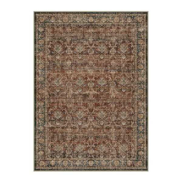 Shimmer Red 8 ft. x 10 ft. Washable Distressed Vintage Floral Area Rug